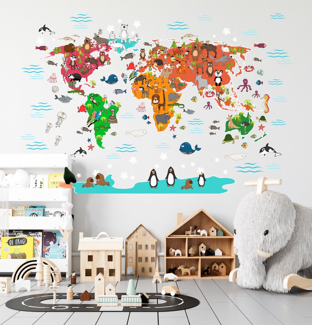 World Map Animals Vinyl Wall Decal | Educational Nursery Decor | Kids ...