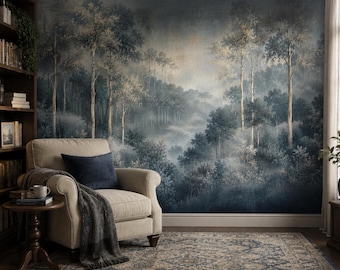 Foggy Forest Wall Mural, Blue Tree Wallpaper, Misty Woodland Peel and Stick Mural BL7