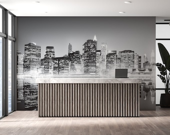 New York City Skyline | Metropolis Glow Mural | Black and White Peel & Stick Wallpaper | PW189