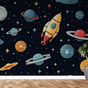 Weltraum-Tapete zum Schälen und Aufkleben, Kinderzimmer, Rakete Planet, Sonnensystem, Himmel, Raumschiff, Wandbild, Weltraum, entfernbare Tapete PW435