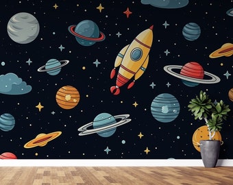 Kids Space Wallpaper Mural | Peel & Stick Rocket Planet Design | Solar System Removable Decor | PW435