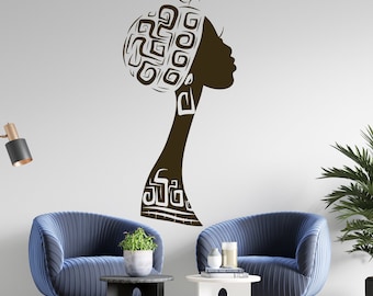 Afrikanische Frau Wandtattoal African Lady Silhouette Aufkleber Beauty Salon Frau Gesicht Afrikanischer Stil Wanddeko t800