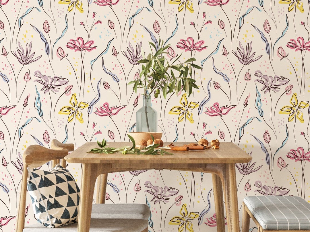 Watercolor Floral Peel and Stick Wallpaper | Botanical Mural | Pink ...