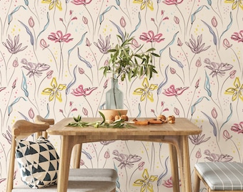 Watercolor Floral Peel and Stick Wallpaper | Botanical Mural | Pink Green Removable Covering PW100