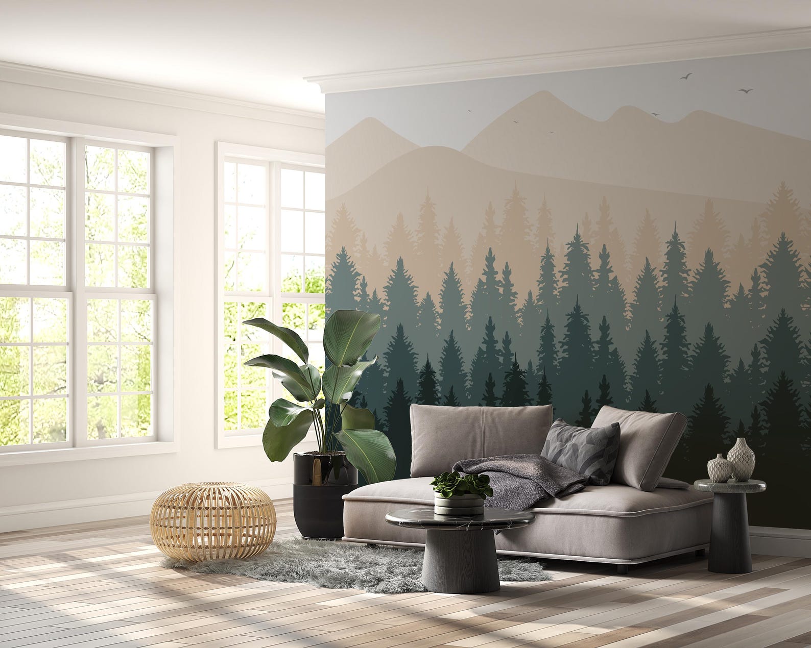 Pine Tree Forest Wall Mural | Brown Mountain Horizon Landscape Peel and ...