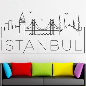 May include: A black and white line art illustration of the Istanbul skyline, featuring the Galata Tower, the Bosphorus Bridge, and several minarets. The word "ISTANBUL" is written below the skyline.