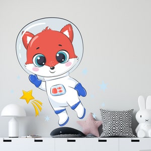 Calcomanía de pared de zorro astronauta bebé con dibujos animados, decoración de pared del espacio exterior para dormitorio infantil, arte de pared de astronauta AST128