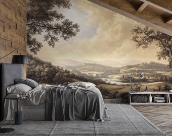 Sepia Valley Wallpaper | Vintage Landscape Wall Mural | Scenic Neutral Art V9