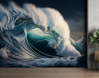 Ocean Crest Wave Wallpaper Mural | Peel & Stick Nature Seascape Removable Fabric Wall Art | PW278