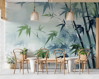 Groen bamboebos behang | Peel & Stick natuurmuurschildering | Muurdecoratie tropische plant | PW460