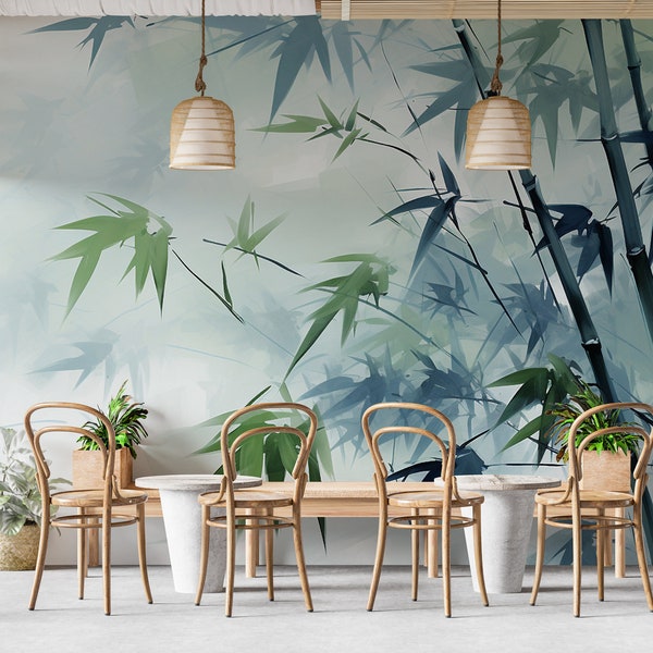 Bambus-Tapete, Natur-Wandgrafik, grüne Pflanzen, Bambus-Tapete zum Abziehen und Aufkleben, für Restaurant, hohe Bambusbäume, PW460