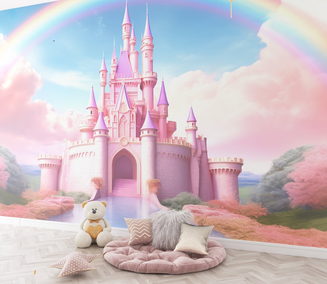 Pink Princess Castle Wallpaper | Peel & Stick Nursery Mural | Girls ...