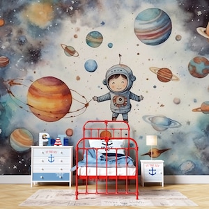Space Wallpaper Peel and Stick Kids Bedroom Astronaut Planet Solar System Sky Wall Mural Self Adhesive Outer Space Removable Wallpaper PW335