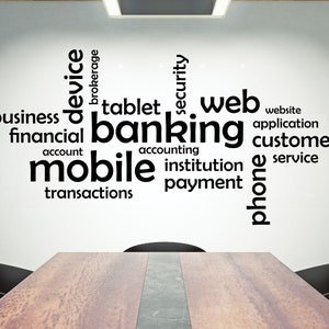 Peut inclure: Un mur blanc avec du texte noir en nuage de mots sur la banque mobile. Les mots incluent "business", "financial", "device", "tablet", "web", "website", "application", "customer", "service", "account", "mobile", "transactions", "security", "banking", "accounting", "institution", "payment", et "phone".