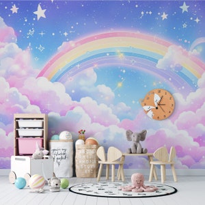 Rainbow Watercolor Sky Peel and Stick Wallpaper Blue Purple Pink Clouds Wall Mural Self Adhesive Removable Fabric Wallpaper PW312