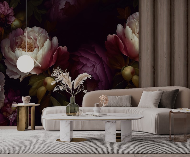 Dramatic Peony Bloom Mural | Dark Floral Peel & Stick Wallpaper | Moody ...
