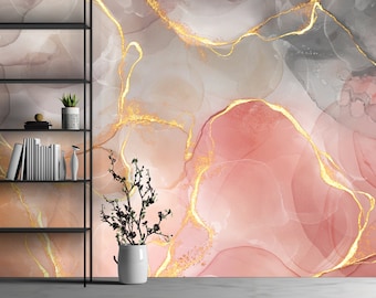 Elegant Pink Marble Mural | Peel & Stick Gray Self Adhesive Removable Fabric Wall Wallpaper | PW277