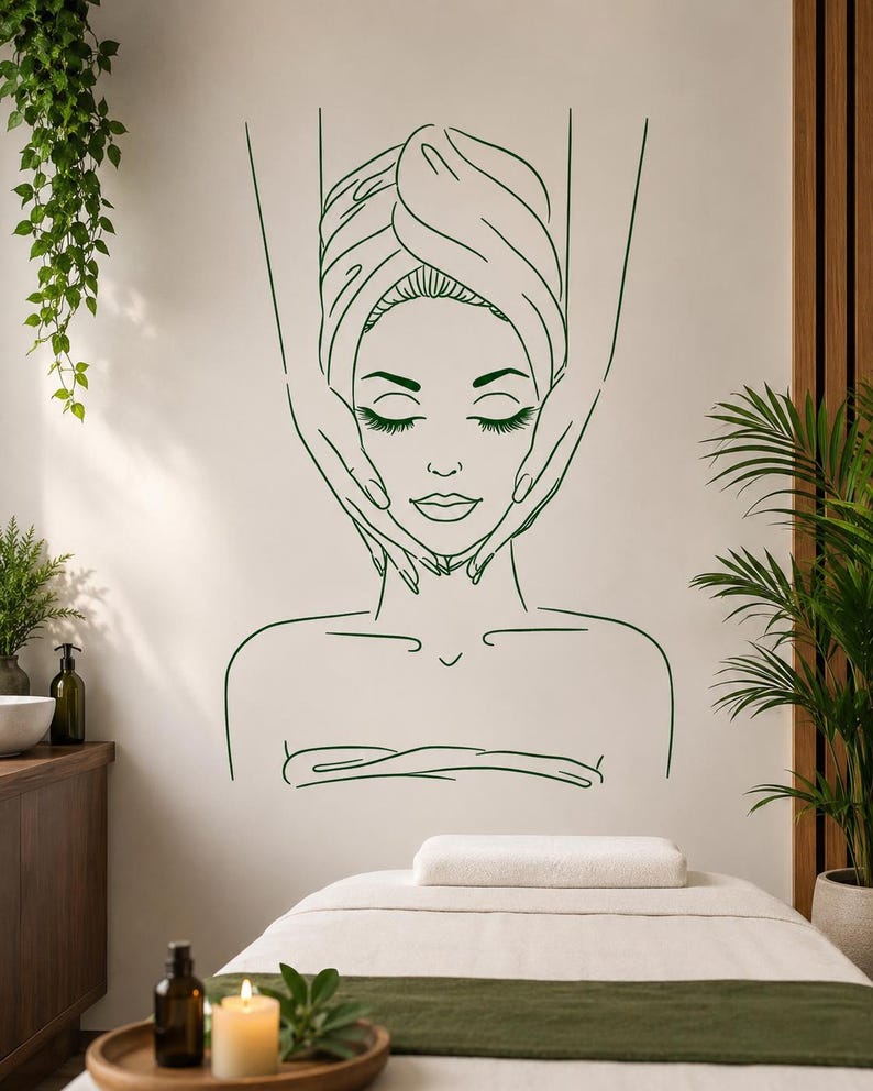 May include: A dark green line art wall decal depicting a person with eyes closed, wearing a towel wrapped around their head, while two hands gently massage the sides of their face. The minimalist graphic design features clean, continuous strokes.
