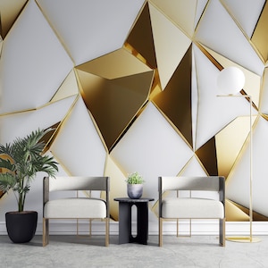 3D White and Gold Abstract Peel and Stick Wallpaper 3D Geometric gold Lines White Wall Mural Self Adhesive Removable Fabric Wallpaper PW198