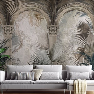 Vintage Palm Columns Mural | Boho Peel and Stick Wallpaper | Retro Tropical Decor PW59