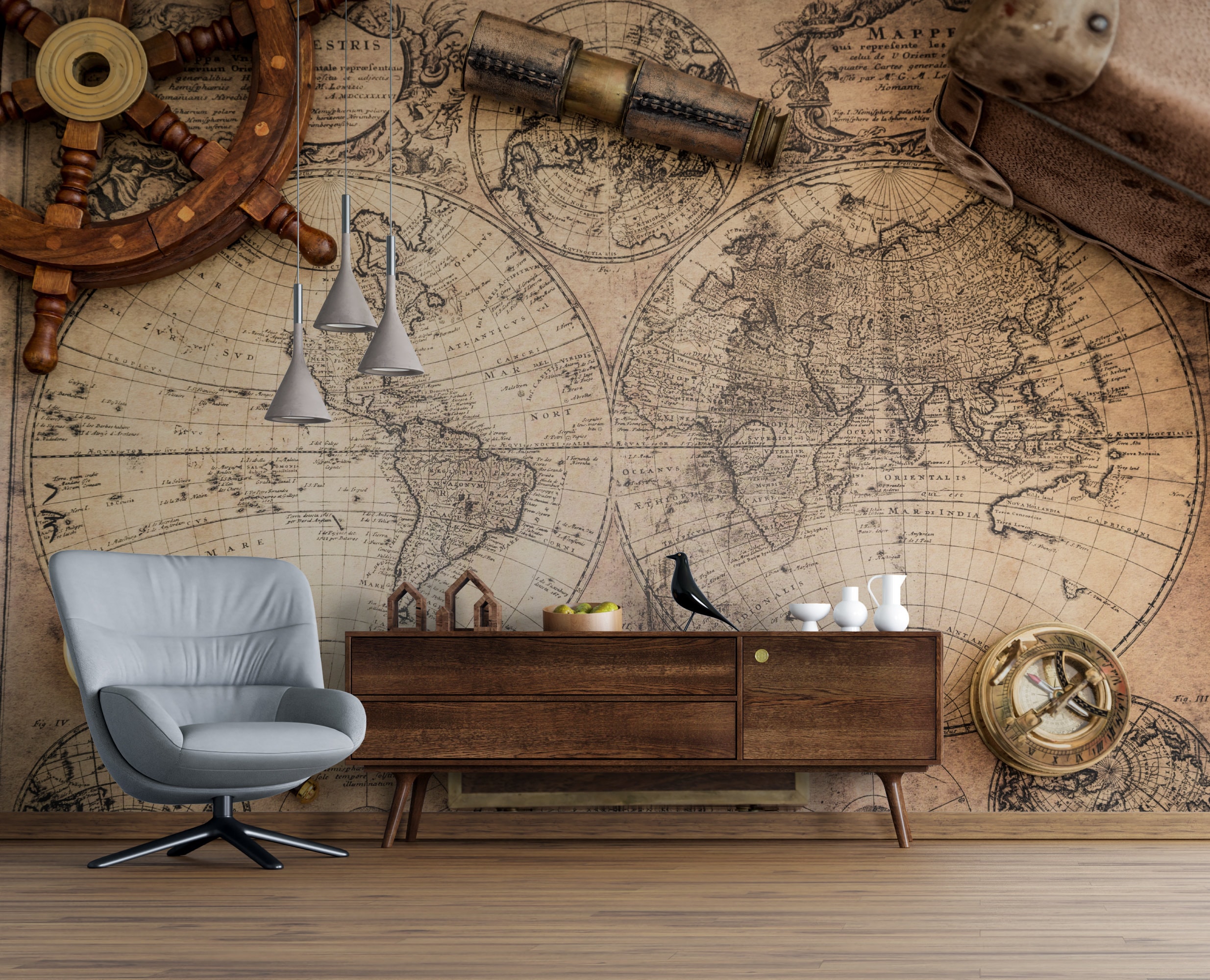 Golden Atlas | Antique World Map Mural Wallpaper | Vintage Travel