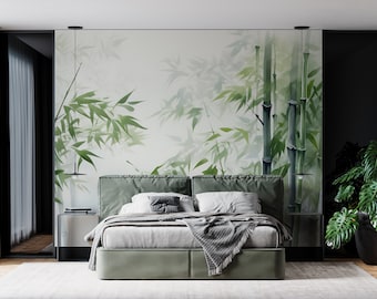 Zen Bamboo Retreat-muurschildering | Minimalistisch groen verwijderbaar Peel & Stick-behang | Slaapkamer, woonkamer | PW461