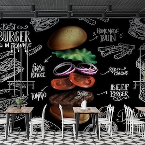 Fast Food Restaurant Wall Graphics Burger Fries Peel and Stick Wallpaper Fast Food Restaurant Self Adhesive Removable Fabric Mural PW212