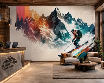 Alpine Descent | Skiing Mountain Mural Wallpaper | Winter Sports Wall Art | PW353