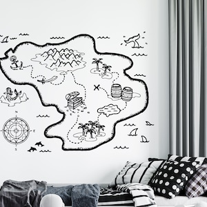 Sticker mural carte au trésor | Carte au trésor pour enfants | Sticker mural carte de pirate | Décoration murale pirate pm5