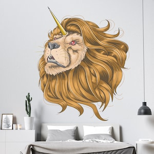 Calcomanía de pared con cabeza de león / Adhesivo de pared de león a todo color / Decoración de pared de león TGC30