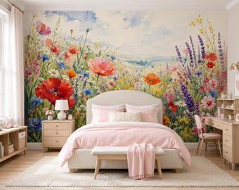 Poppy Meadow Mural – Colorful Watercolor Wildflower Landscape Wallpaper | BL1010