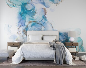 Blue Marble Texture Wallpaper | Modern Peel and Stick Stone Effect Wall Mural | PW660