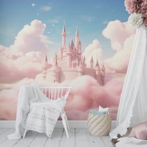 Princess Castle Wallpaper Peel and Stick Pink Clouds Sky Castle Self Adhesive Removable Wallpaper for Nursery Bedroom PW392