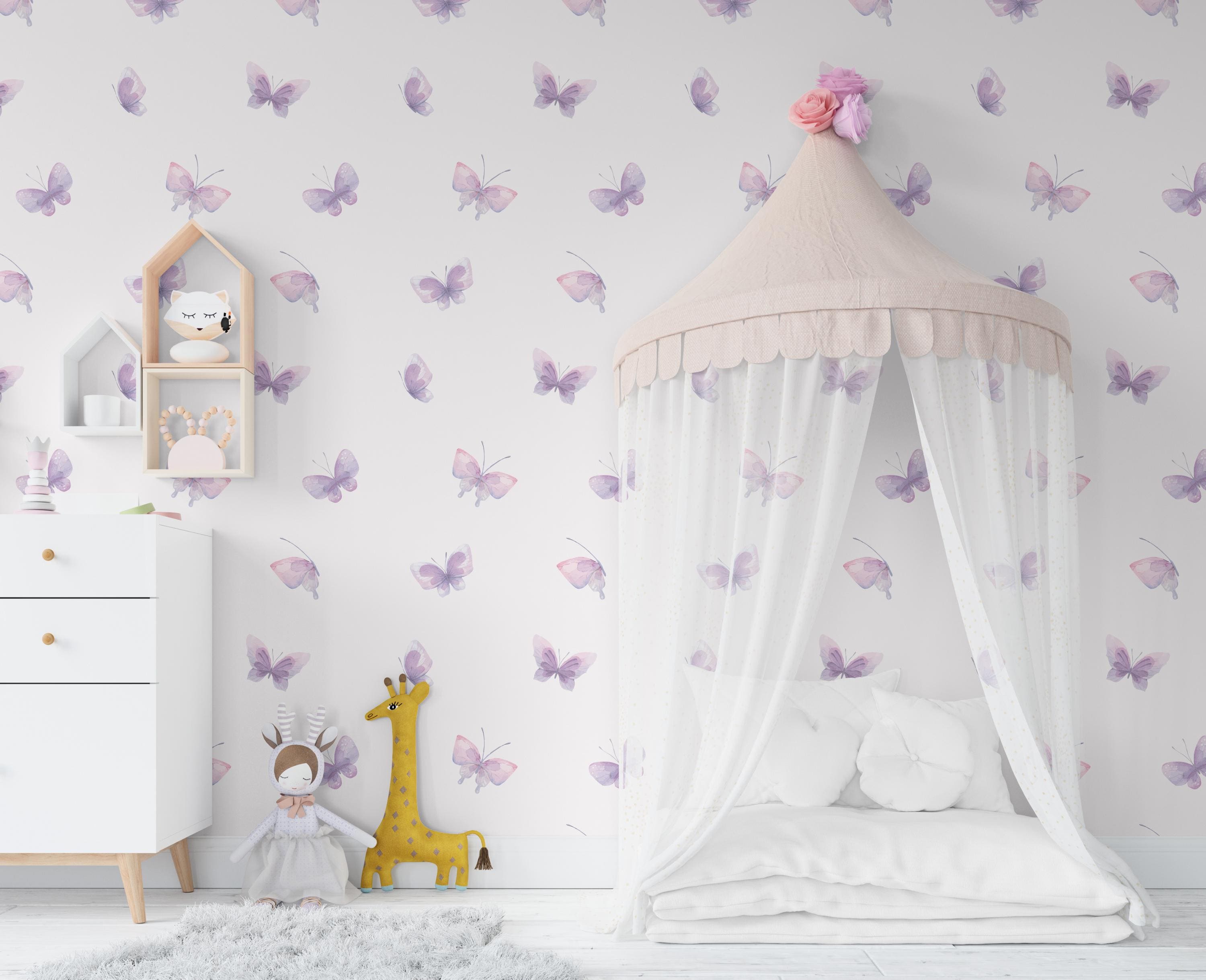 Butterfly Wallpaper | Pink Watercolor Wings Nursery Peel and Stick Wall Mural PW709