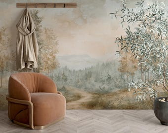 Autumn Forest Wallpaper | Watercolor Woodland Wall Mural | Peel and Stick Nature | Amber Glade | V24