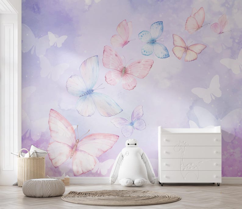 Flutter Bloom | Pastel Butterfly Mural Wallpaper | Watercolor Nursery ...