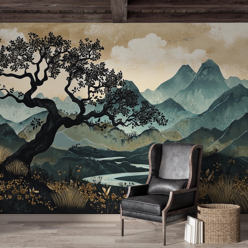 Silent River Canopy | Mountain Landscape Wall Mural Peel and Stick ...