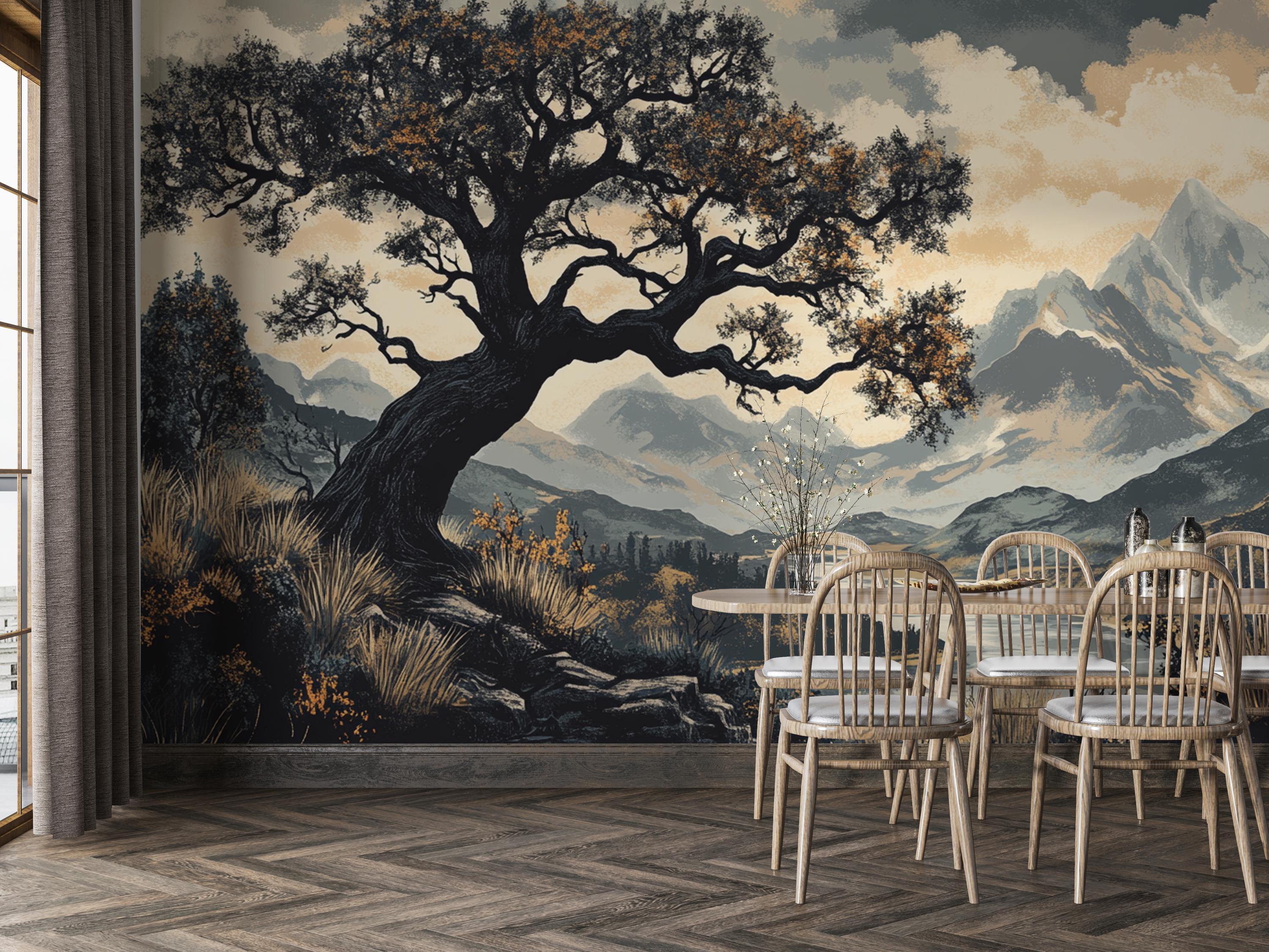 Dark Vintage | Mountain Landscape Peel and Stick Wall Mural | Rustic ...