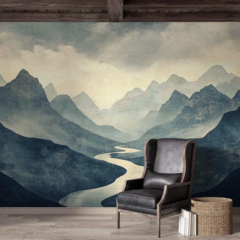 Mountain River Wall Mural | Serene Blue Nature Landscape Peel and Stick ...