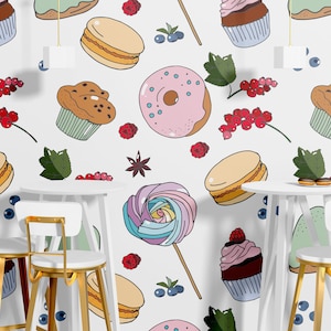 Sweets Wall Graphics Desserts Cookies Cupcakes Donut Croissant Cake Wallpaper Peel n Stick Wallpaper Cafe Bakery Restaurant Removable PW540