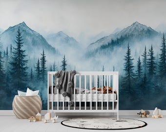 Bluewood Pines | Misty Pine Forest Nursery Wall Mural | Watercolor Mountain Kids Wallpaper | SC9