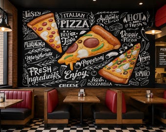 Italian Pizza Art Mural | Restaurant Food Peel & Stick Wallpaper | Pizzeria Kitchen Removable Fabric | PW171