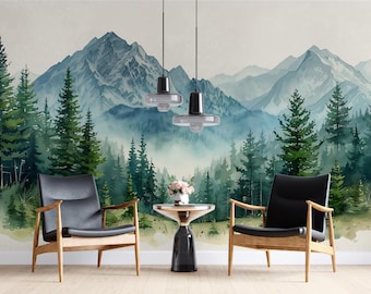 Evergreen Peaks | Misty Mountain Forest Mural | Watercolor Nature Wallpaper | Peel & Stick Scenic Art | PW624