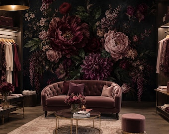 Moody Floral Mural – Burgundy Botanical Wallpaper on a Dramatic Black Background | BL1005