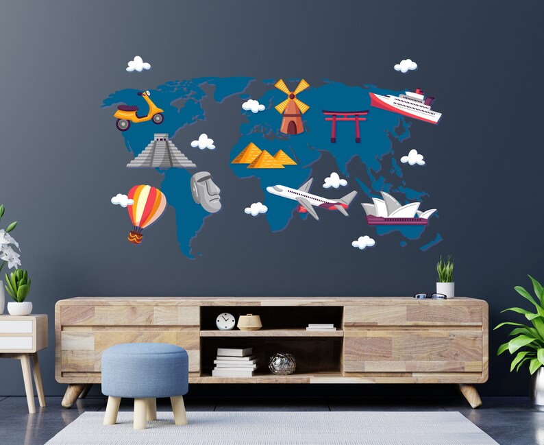 Travel World Map Wall Decal World Map Wall Sticker World Etsy