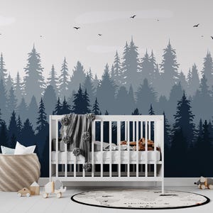 Pine Trees Forest Wall Mural Peel and Stick Wallpaper Nature Mountains Wallpaper Self Adhesive Removable Fabric Foggy Forest Wallpaper PW736