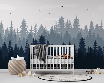 Pine Tree Forest Wall Mural | Foggy Evergreen Woodland Landscape Peel and Stick Wallpaper PW736