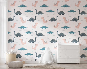 Kids Dinosaur Mural | Watercolor Dino World Pattern | Peel and Stick Wallpaper PW668