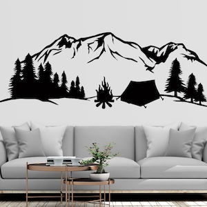 Nature Camping  Mountains Wall Decal | Mountain Travel Wall Sticker | Pine Trees Mountains Wall Decal | Adventure Wall Decor MNT20