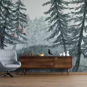 Papier peint forêt de pins, papier peint autocollant, papier peint nature, tissu auto-adhésif amovible, papier peint forêt brumeuse PW222